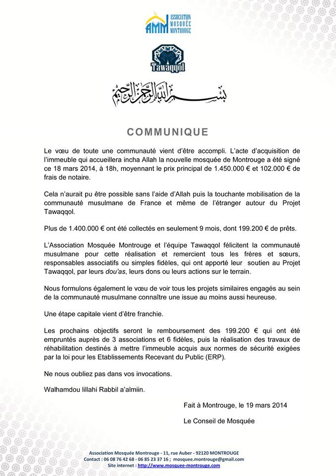 Communiqué acquisition de la mosquée de Montrouge