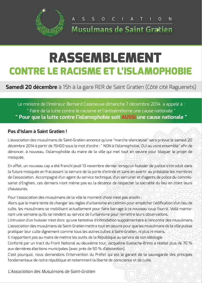 Rassemblement contre le racisme et l'islamophobie à Saint-Gratien samedi 20 décembre