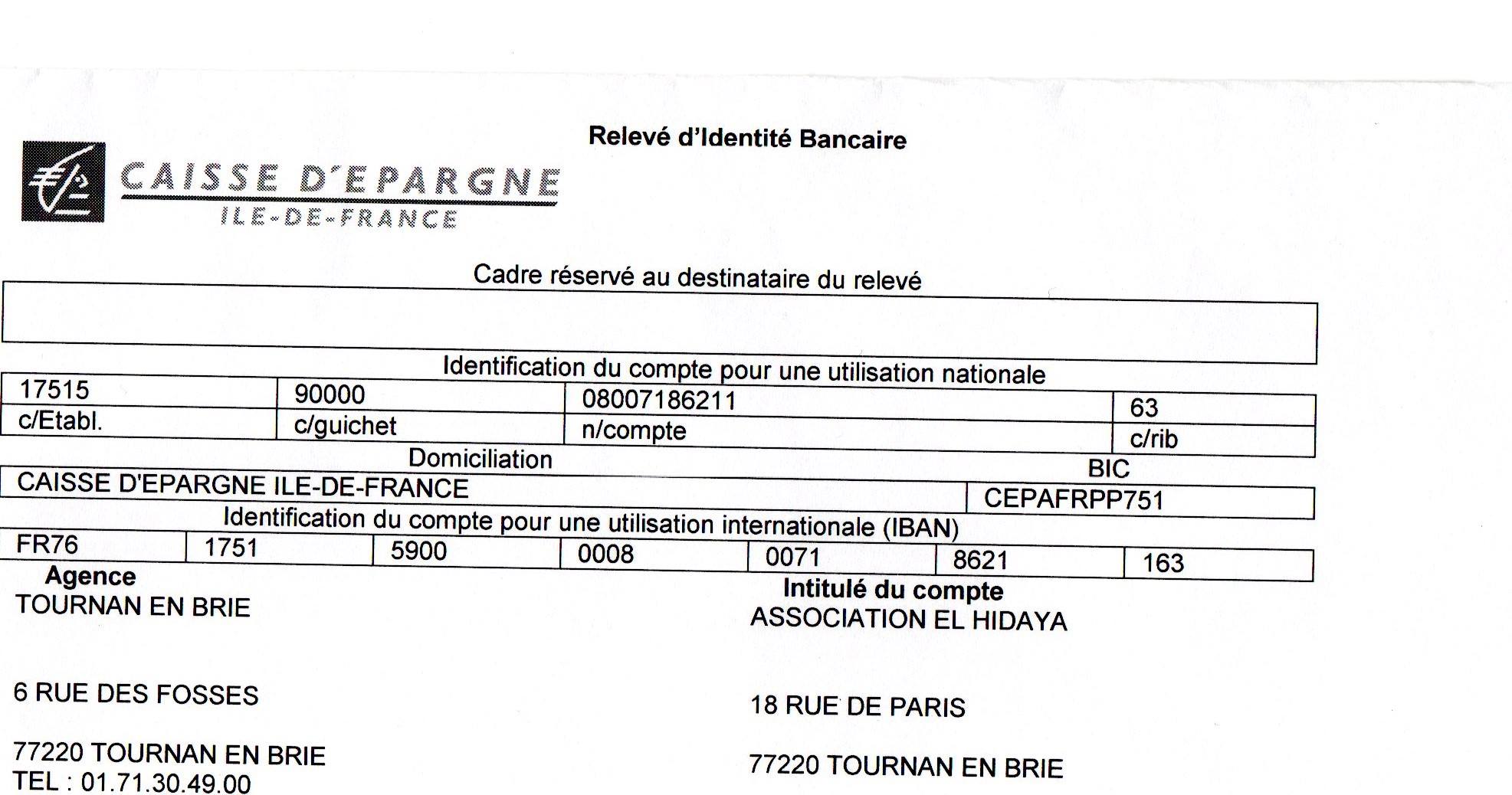 Coordonnées bancaires de l'association El Hidaya de Tournan-en-Brie