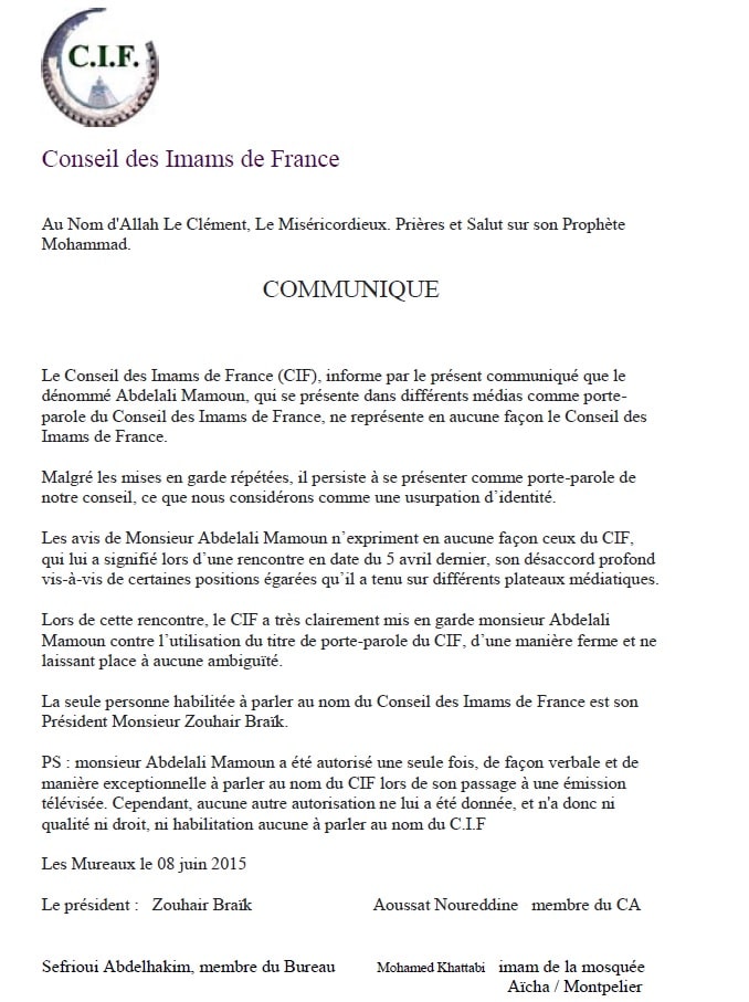 CP Conseil des Imams de France concernant Abdelali Mamoun