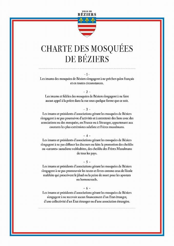 Charte des mosquées de Béziers par Robert Ménard